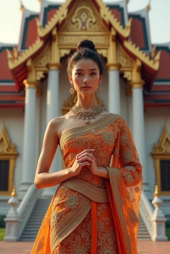 A woman in an opulent traditional Thai outfit, hands together, posing confidently in front of a majestic royal palace, with golden light illuminating her figure, enhancing the intricate details of her attire