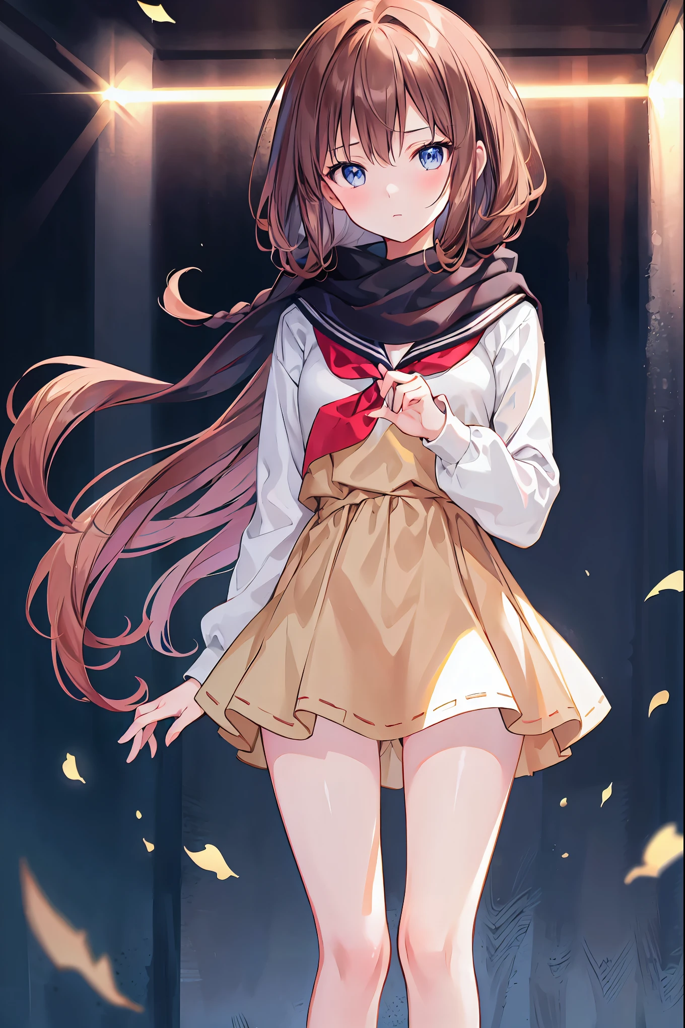 Brown Hair，Shortcuts，Messy Hair，Slender beauty，A dignified posture，Small chest，Beautiful feet，Her captivating grey-blue eyes shine like stars，break (masterpiece:1.2), Highest quality, High resolution, unity 8k wallpaper, (shape:0.8), (Beautiful attention to detail:1.6), Highly detailed face, Perfect lighting, Extremely detailed CG, (Perfect hands, Perfect Anatomy),，One person, high school girl, Long Hair, Brown Hair, Sailor suit, Brown eyes, scarf, Sunset Coast, Are standing, Looking at the audience,