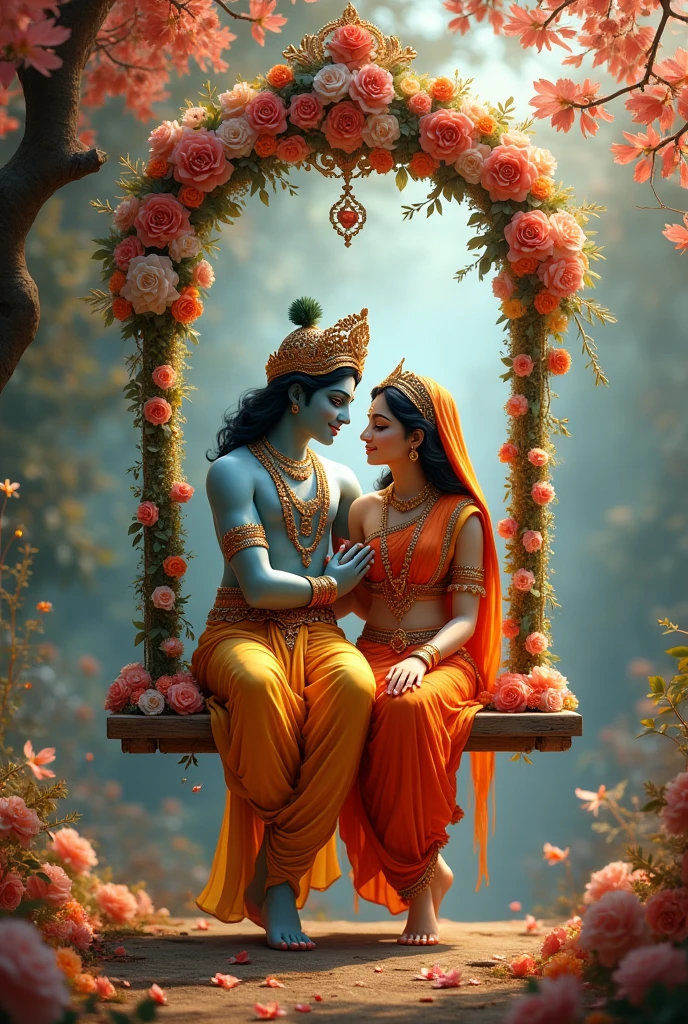 The scene you’re referring to involves the divine couple, Sri Sri Radha and Krishna, engaging in a beautiful and symbolic pastimes known as "prema lilas" or love pastimes. In this depiction, Radha and Krishna are seated on a swing made of flowers, a setting that emphasizes their divine love and beauty.
The swing is elaborately adorned with fragrant flowers, representing the delicate and enchanting nature of their divine love. As they gently sway, their pastimes or lilas manifest, showcasing their deep and transcendent affection for each other. This imagery not only highlights their romantic interactions but also symbolizes the spiritual bliss and divine love that permeates their relationship.
This scene is often used to convey the depth and purity of their love, which is central to the devotional practices and theological understanding within certain schools of Hinduism, particularly in the Gaudiya Vaishnavism tradition.
