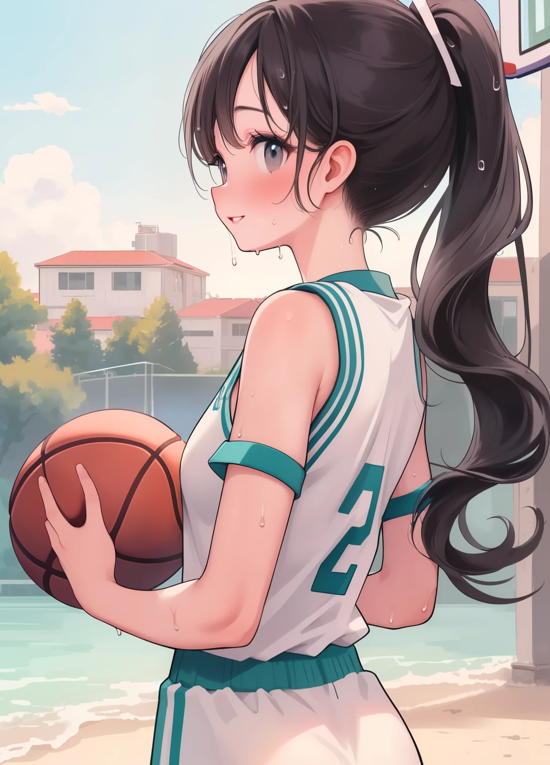 (masterpiece、Highest quality、Highest quality、Official Art、Beautiful and beautiful:1.2)、(One person:1.3)Hatsune Miku、Twin tails,Beautiful breasts, Katsushika Hokusai,(masterpiece,Highest quality,Ultra-high resolution),Japanese women, (((Two very beautiful people))), cute、Look at the photographer、 ((Beautiful low ponytail)), とってもcute顔, Glossy Lips, Double eyelids on both eyes,Natural smile、 Natural Makeup, Long eyelashes, Shiny and smooth hair、Center image, Perfect limbs, Perfect Anatomy,(((Basketball Uniforms)))、(((Looking Back)),Wet with sweat,