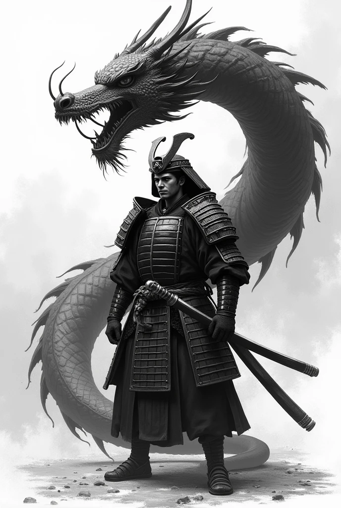 samurai on the side with chewing dragon around him black and white.