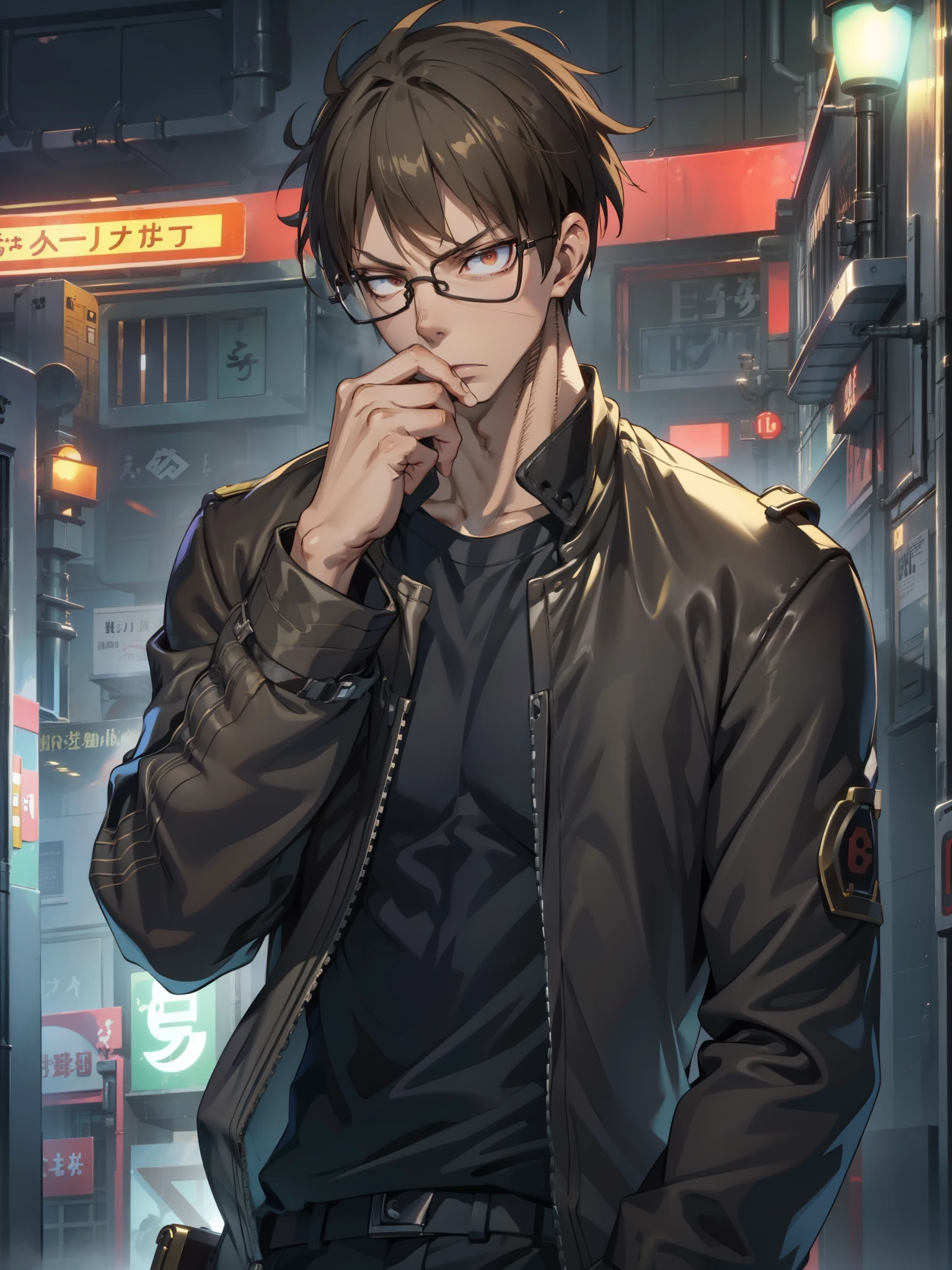 8k, Highly Detailed, Masterpiece, source_anime, best quality, beautifully detailed eyes and beautifully detailed hair, 1man, solo, young man with short brown hair and light skin, The character is wearing rectangular black glasses and has brown eyes, He has a serious expression with sharp, angular facial features, including prominent cheekbones and a defined jawline, He is dressed in a black shirt, The man is holding a hand near his face, with a serious expression and looking slightly to the side. The background consists of a grid wall with various firearms mounted on it, illuminated by a blue light. The overall scene has a serious and intense atmosphere, with a focus on the character's contemplative demeanor and the detailed background elements, the character is a member of the fire brigade, (((brown eyes)))
