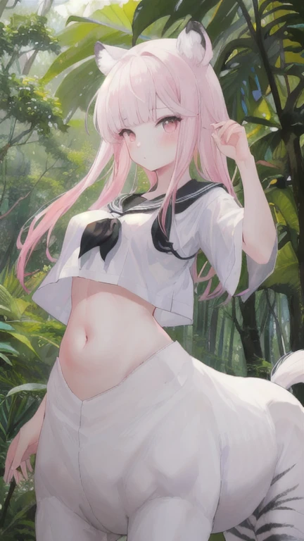 (best quality, masterpiece), 1 girl, centaur, I beg, White skin, Japanese schoolgirl,daughter,black pink, exposing the abdomen, belly button t-shirt , beautiful girl perfect, White tiger photo, perfect jungle photo