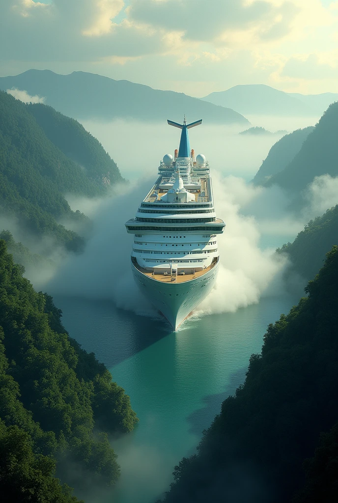 An big cruise ship moves toward the greenery valley forest with fog and clouds and smoke