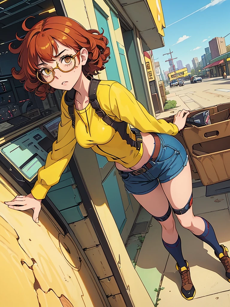 (masterpiece), (best quality), 1 girl, red hair,((brown eyes)),curly hair, (short curly hair) , brown eyes, anime style, freckles, (mall breast, (petite figure), blue cyberpunk clothes, legs, desert background, (((yellow glasses))) 