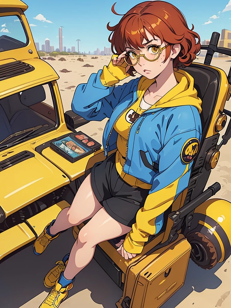 (masterpiece), (best quality), 1 girl, red hair,((brown eyes)),curly hair, (short curly hair) , brown eyes, anime style, freckles, (mall breast, (petite figure), blue cyberpunk clothes, legs, desert background, (((yellow glasses))) 