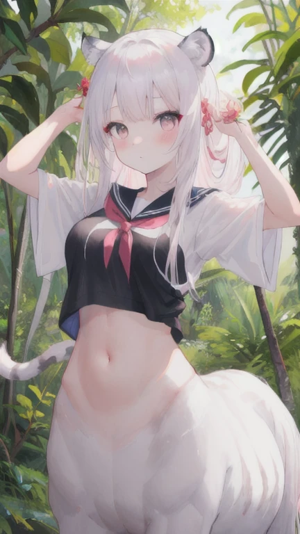 (best quality, masterpiece), 1 girl, centaur, I beg, White skin, Japanese schoolgirl,daughter,black pink, exposing the abdomen, belly button t-shirt , beautiful girl perfect, White tiger photo, perfect jungle photo