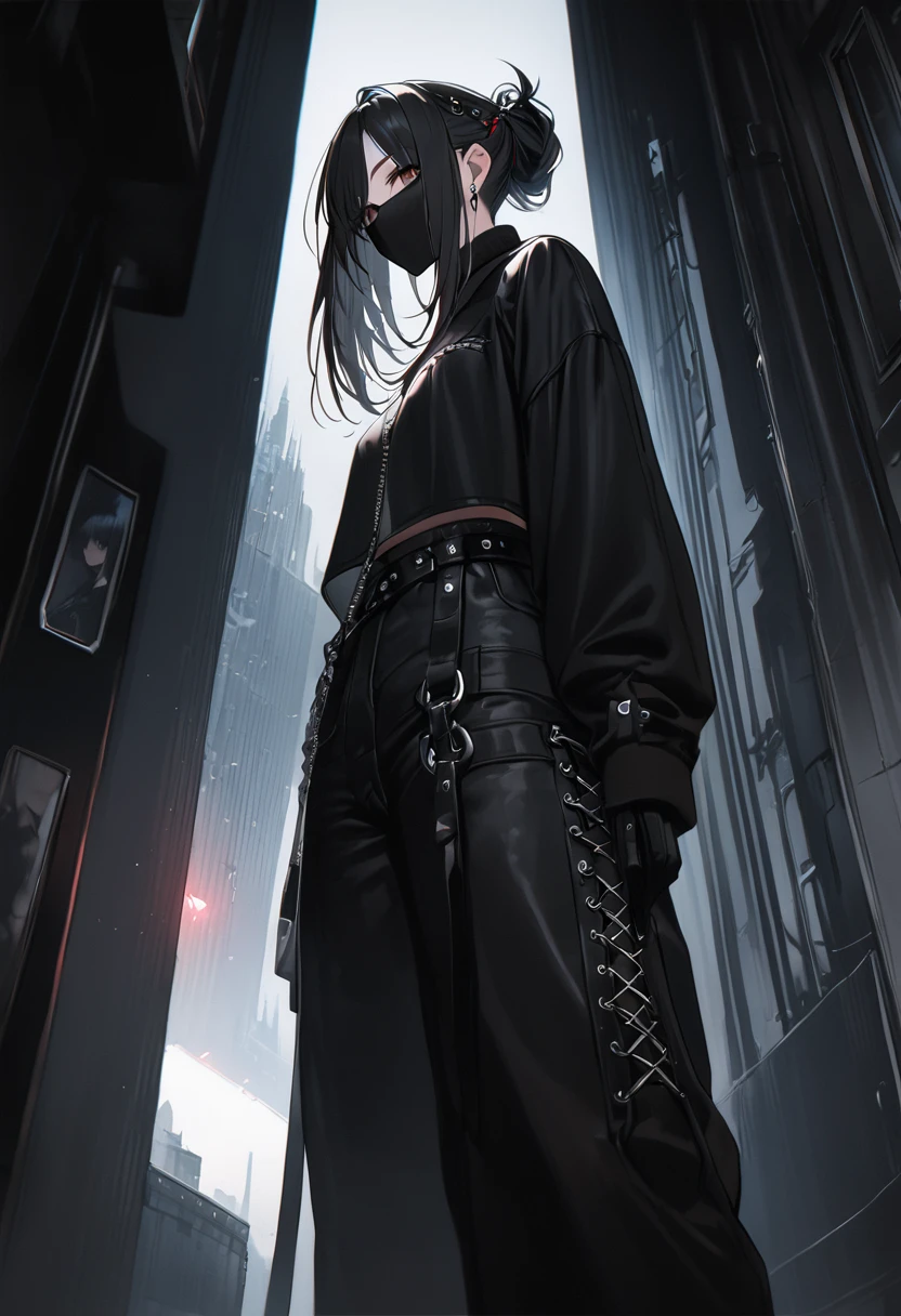 Highest quality、8k、masterpiece:1.3、Gothic Punk、The inside color is red、Black-haired、hair ornaments、Beautiful girl、creative、Dark Fantasy Style、Neogoth、Goth Fashion:1.2、High resolution、masterpiece、Highest quality、頭w:1.3、((Hasselblad Photos))、Fine skin、Sharp focus、(Cinematic lighting)、Realistic textured hair、((Black Mask)),Whole Body Ezbian、((View from below))