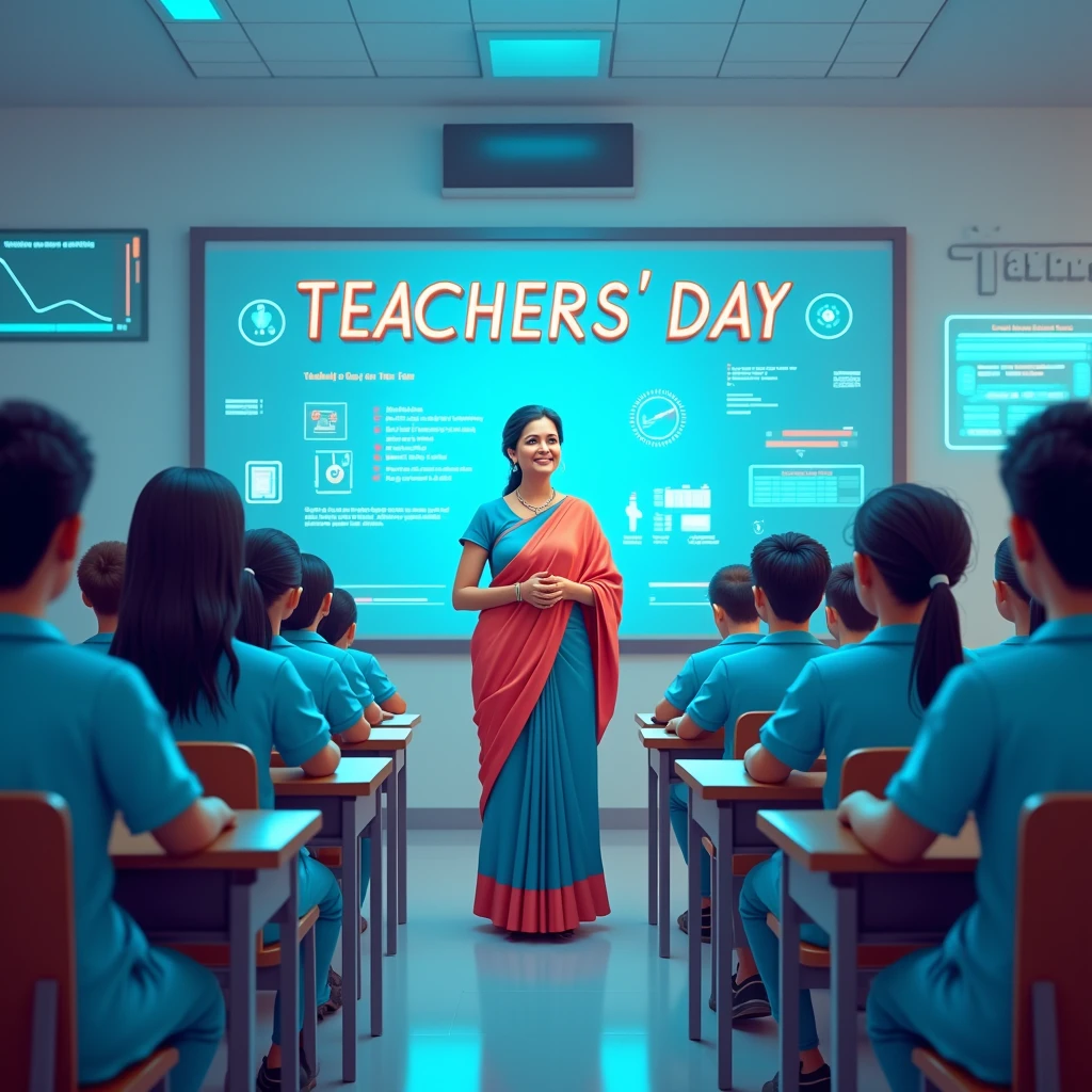 Can you create a 16:9 ratio poster for Teachers' Day with the theme of an ideal learning environment
The classroom should be digital and teacher should be in saree and students should be in sky blue uniforms in digital classrooms with unrealistic character middle aged students