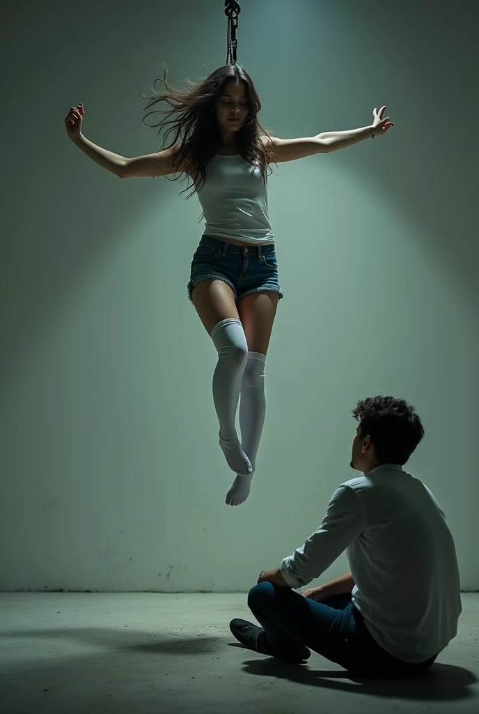 Scene of female student wearing white thigh high socks hanging herself to death ,hovering in the air , a man sitting on the ground in panic
