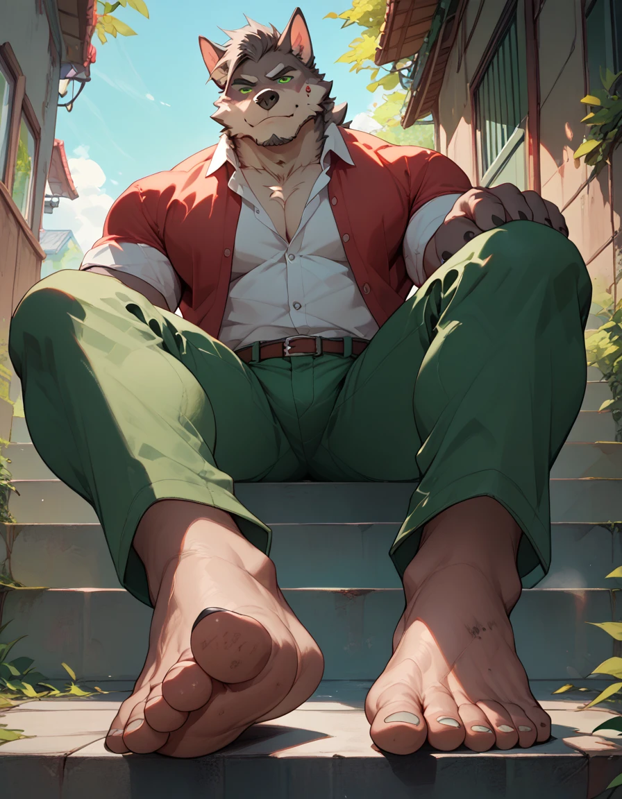 big, furry, muscular male, wolf, mature man, green eyes, sitting on stairs, barefoot, dirty feet, green pants, open shirt, no shoes, crossed legs, sole visible, foot focus, low angle view