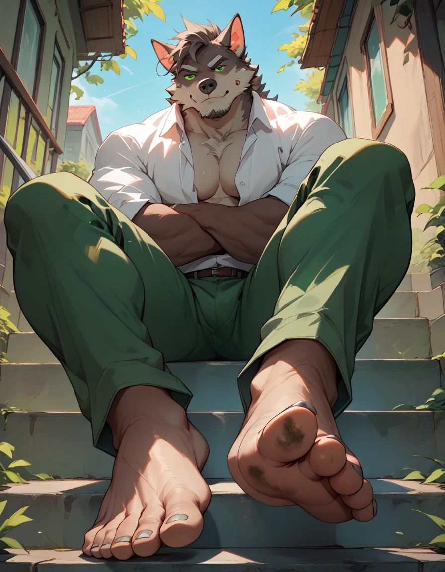 big, furry, muscular male, wolf, mature man, green eyes, sitting on stairs, barefoot, dirty feet, green pants, open shirt, no shoes, crossed legs, sole visible, foot focus, low angle view