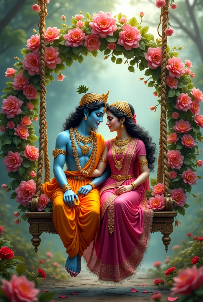 The scene you’re referring to involves the divine couple, Sri Sri Radha and Krishna, engaging in a beautiful and symbolic pastimes known as "prema lilas" or love pastimes. In this depiction, Radha and Krishna are seated on a swing made of flowers, a setting that emphasizes their divine love and beauty. 

The swing is elaborately adorned with fragrant flowers, representing the delicate and enchanting nature of their divine love. As they gently sway, their pastimes or lilas manifest, showcasing their deep and transcendent affection for each other. This imagery not only highlights their romantic interactions but also symbolizes the spiritual bliss and divine love that permeates their relationship.

This scene is often used to convey the depth and purity of their love, which is central to the devotional practices and theological understanding within certain schools of Hinduism, particularly in the Gaudiya Vaishnavism tradition.