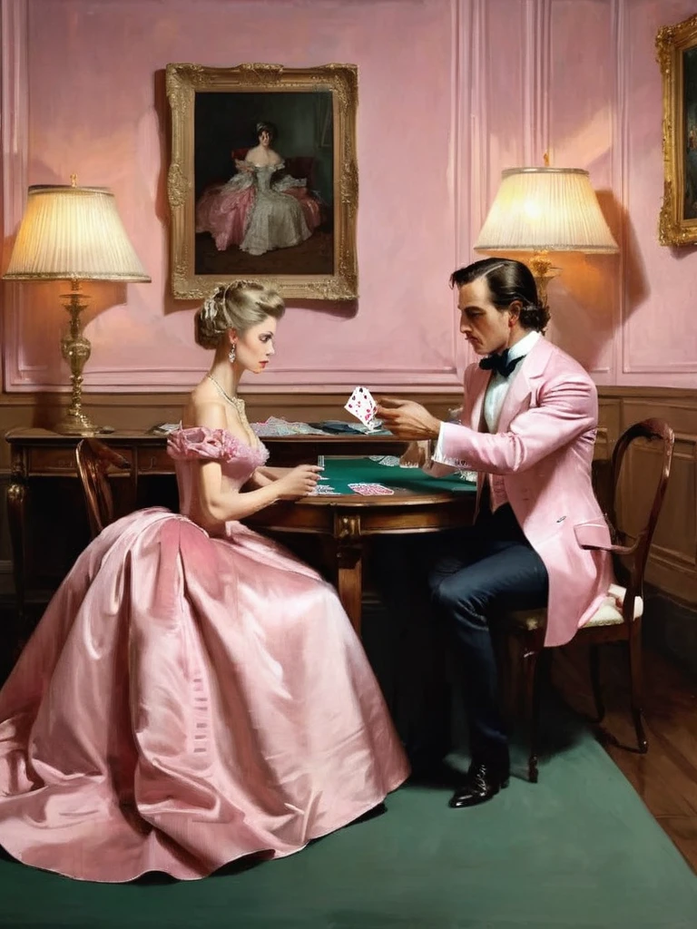 A painting of an elegant man in period sitting at his desk, playing cards with a beautiful woman dressed in a pink ballgown, sitting on the floor beside him, in the style of Thomas S. Gann. The painting features gallons and fabrics in the style of Jean Alonse Guenard, and is a trending artwork on Artstation, in the medium of oil painting, depicting an interior design scene