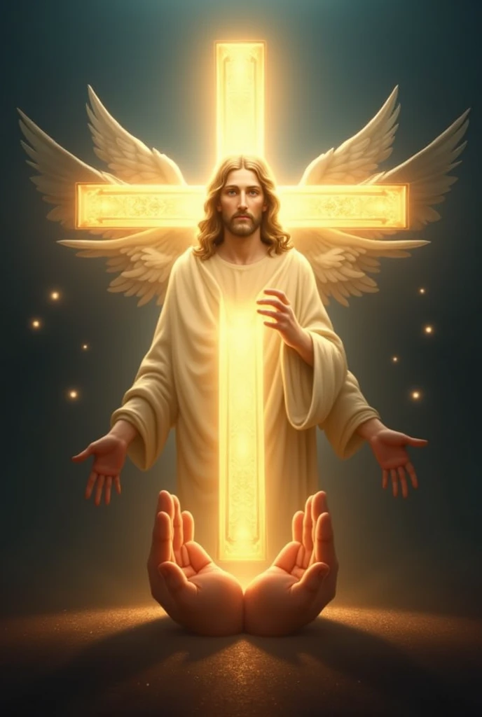 Create an eye-catching and serene thumbnail image titled 'Catholic Prayer for Protection and Deliverance.' The central focus should be a glowing, radiant golden cross emitting light, symbolizing divine protection. Surrounding the cross, include subtle, transparent angelic figures with outstretched wings, conveying guardianship. Below the cross, include a pair of hands in prayer softly illuminated, emerging from the shadows.Overlay a portrait of Jesus above or next to the cross, making sure it's prominent but harmoniously integrated into the design. Use deep blues, golds, and hints of white in the color scheme to create contrast and evoke a sense of peace, hope, and spiritual strength. Add the title 'Catholic Prayer for Protection and Deliverance' in bold, elegant font across the top or bottom, ensuring it is readable and complements the overall design."