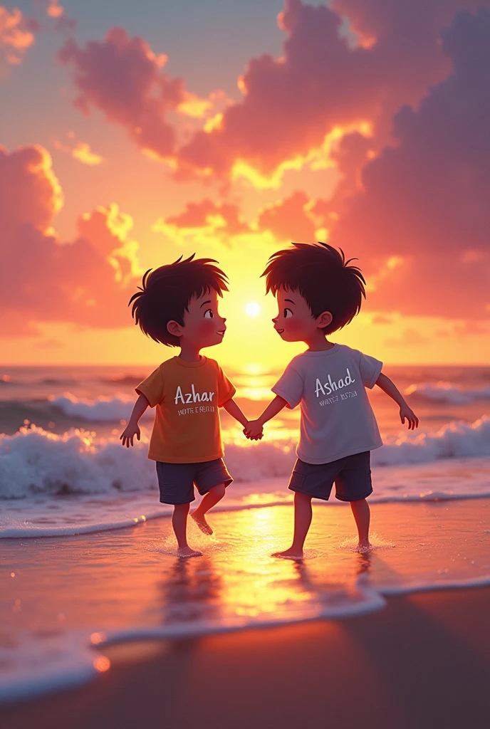 A 14 year boy with his elder brother of 12 year playin at the beautiful sun set seacoast write name Azhar and Ashad on their dress