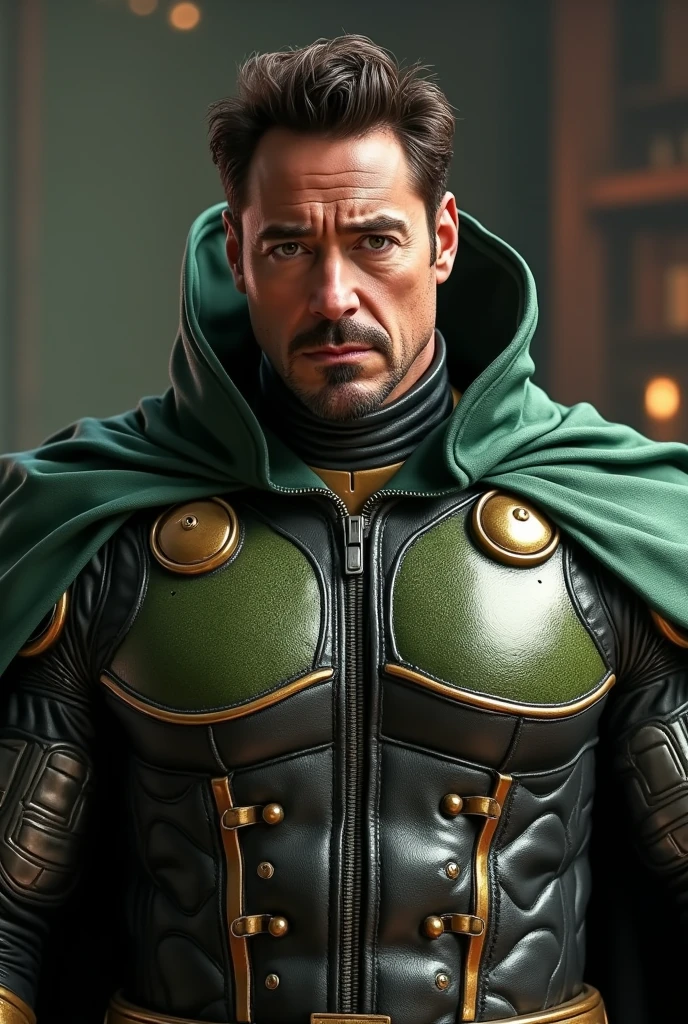 rober downey jr with cosplay dr doom, no mask, detailed facial features, realistic, highly detailed skin texture, muscular male body, intricate metal armor, gold and green accents, dramatic lighting, cinematic, photorealistic, 8k, masterpiece