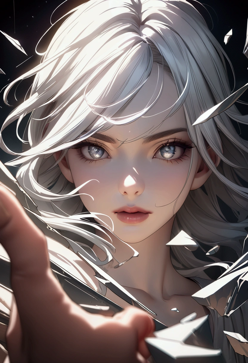 Diamond eyes, dark fantasy, white hair, broken glass shards,sharp focus, glitchy, line art, manga art, high contras, motion blur, dynamic lighting, close-up, UHD, high quality, anime, realistic, aesthetic