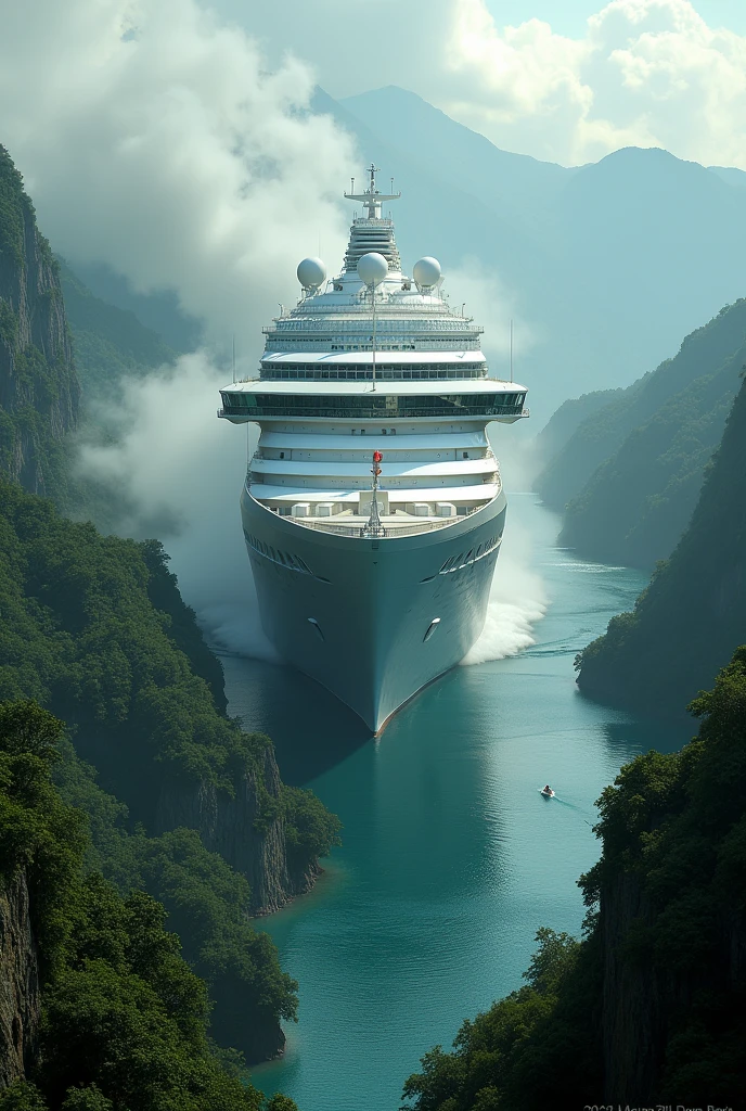 An big cruise ship moves toward the greenery valley forest with fog and clouds and smoke