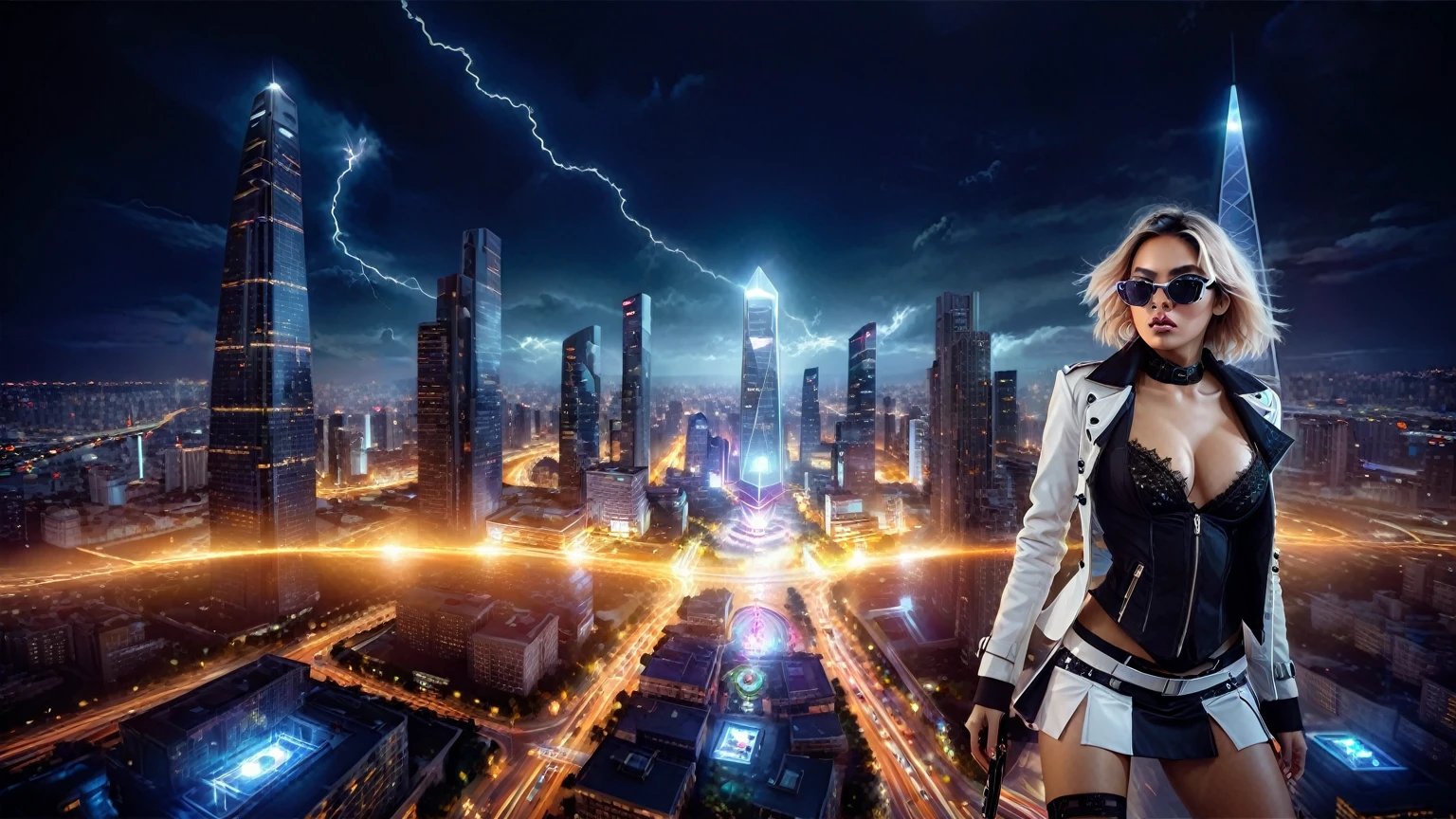 At night, dark sky, aerial view of futuristic sci-fi cyberpunk city, skyscrapers, flying vehicle, (vortex-spirit-spreading giant hologram pyramid-like clock tower as time machine), lightning, high quality. Matrix style, at night, (1girl, solo, alone), photorealistic, medium- slim:0.6 body, oval:0.5 face, cleavasexy black lacbra, low angle view of miniskirt, white laced panty, coat, (blacro sunglasses), (holding a short gun), (slightly leaning forward running pose), ((half-body thigh level medium shot)), cinematic lighting, ray tracing, zoom blur background.