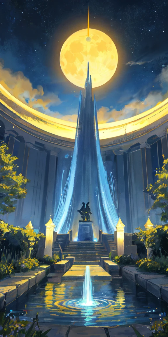 (1.2, top quality), Tarot Card: 1.3,.
Tarot Card of the Moon
A quiet and still night
No people.
A dog and a wolf are looking up at the sky.
The moon is in the sky, superimposed on the sun.
From a fountain a crayfish is about to come up to land.
A narrow path leading away from the fountain is painted in yellow, representing blessing. At the end of the path, two towers stand as if they are gates separating the world.
The night sky and the fountain in the background, as well as the overall color blue, are used extensively in this work.
Translated with DeepL.com (free version)