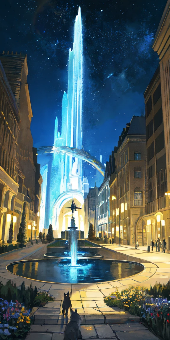 (1.2, top quality), Tarot Card: 1.3,.
Tarot Card of the Moon
A quiet and still night
No people.
A dog and a wolf are looking up at the sky.
The moon is in the sky, superimposed on the sun.
From a fountain a crayfish is about to come up to land.
A narrow path leading away from the fountain is painted in yellow, representing blessing. At the end of the path, two towers stand as if they are gates separating the world.
The night sky and the fountain in the background, as well as the overall color blue, are used extensively in this work.
Translated with DeepL.com (free version)