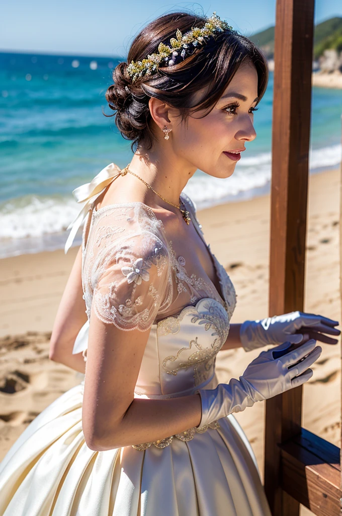 ((Masterpiece)), ((Best Quality)), A middle-aged short-hair woman, ((She is wearing an ornamental wedding dress)), She is wearing gloves on her hands., outdoor, She is in a beach. She is wearing a big necklace, from side view