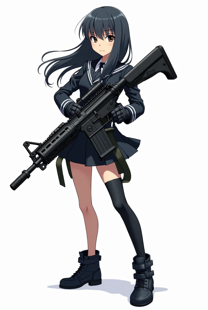 Medium-height anime girl, holding  a futuristic assault rifle, wearing a black school uniform, long black sock, tactical gloves, tactical boots. Manga art style with white background 