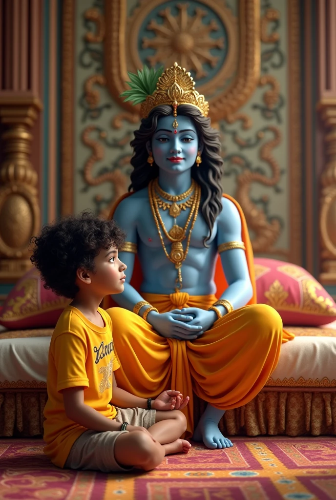 Make a realistic picture in which a 19 years
boy is sitting at the feet of Shri Krishna and worshiping him and his shirt is yellow and Karan Swami is written on the t-shirt and Shri Krishna ji is sitting on a luxurious bed with palace walls on the side and beautiful background. yes
Feedback