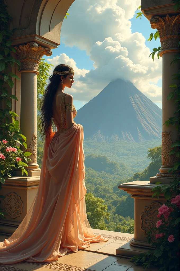 Create an image that shows the image of a goddess of the south on the balcony looking down and talking to the god of the volcano