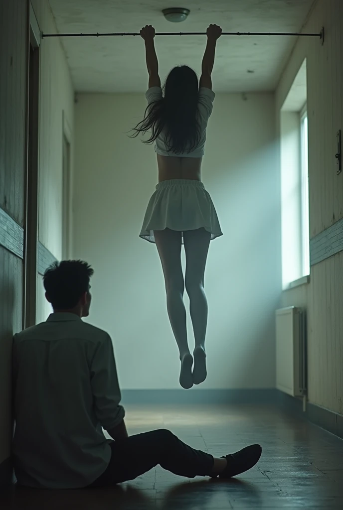 Scene of female student wearing white thigh high socks hanging herself to death ,hovering in the air , a man sitting on the ground in panic