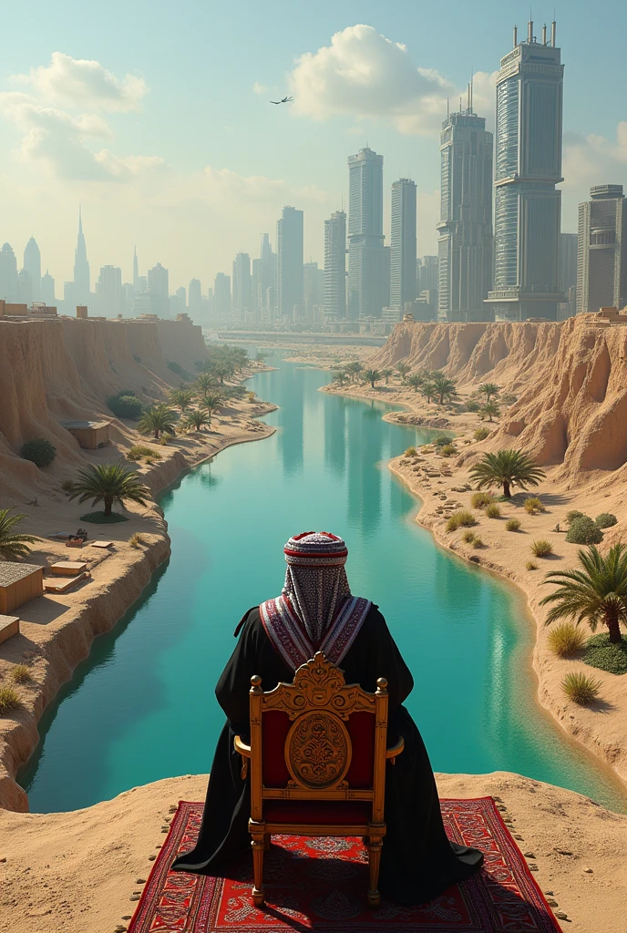 Afghanistan poor country side and other side look Dubai and Qatar, Taliban king sit in chair and artificial river 