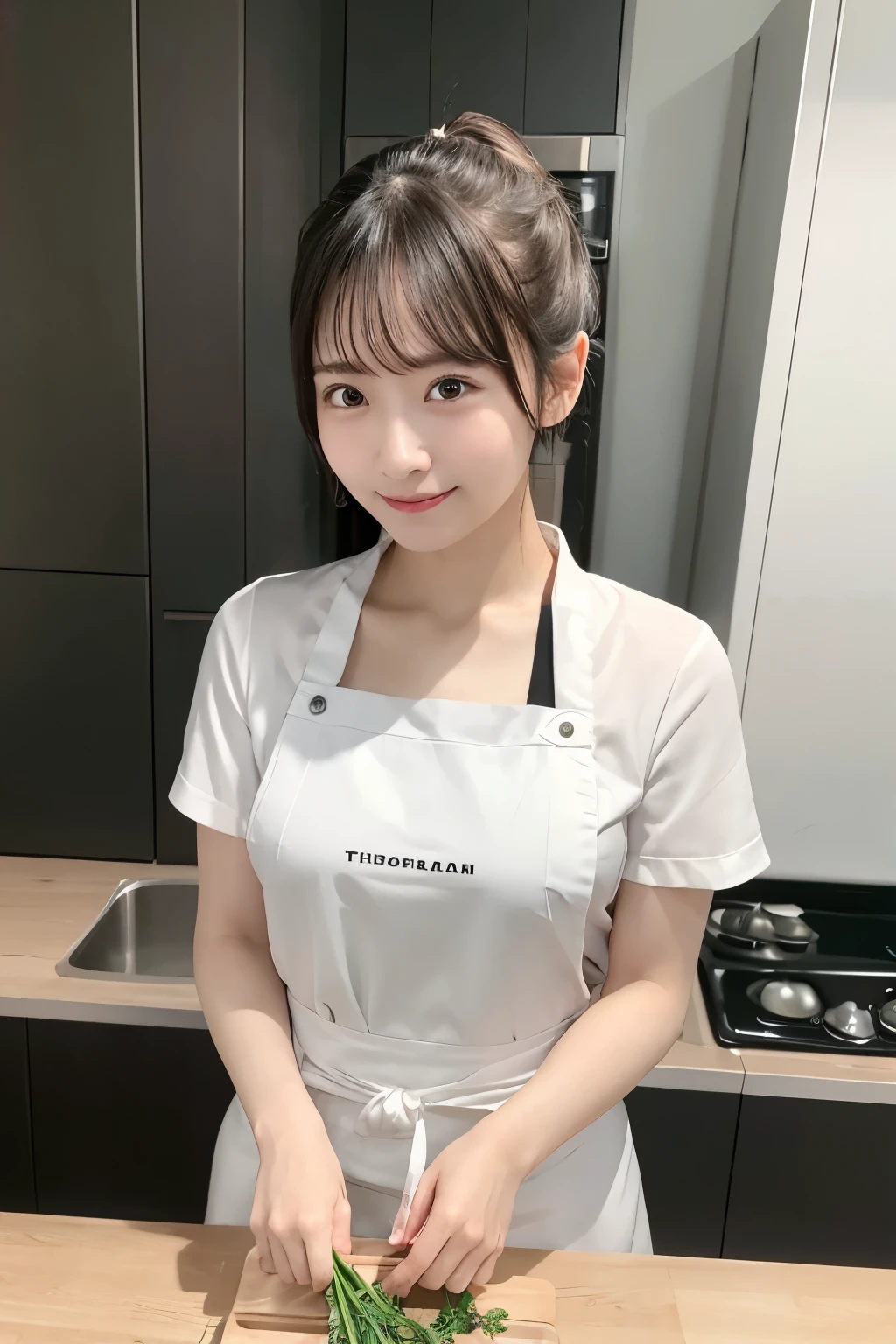 A woman who cooks、(Kitchen_aprons:1.Wear 3)、4K、A high resolution、tmasterpiece、top-quality、((hasselblad photograph))、Fine skin、sharp focus、(lighting like a movie)、Soft lighting、overhead shot、[:(Detailed face:1.2):0.2]、Medium chest、sweat pouring down the skin:1.2、(((In the kitchen))) A smile　Viewer's perspective　huge tit　Ponytai