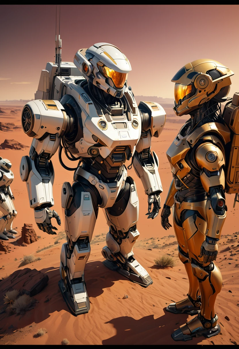 A detailed, old-fashioned science fiction scene, rounded robots working alongside humans on the surface of Mars, red skies, vast deserts, (best quality,4k,8k,highres,masterpiece:1.2),ultra-detailed,(realistic,photorealistic,photo-realistic:1.37),highly detailed robots, highly detailed humans, golden aged sci-fi, retro futurism, warm lighting, dramatic lighting, cinematic composition, vivid colors, intricate details