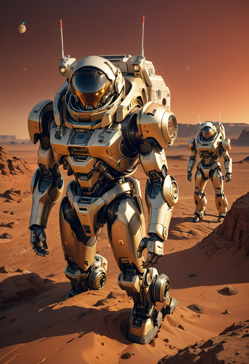 A detailed, old-fashioned science fiction scene, rounded robots working alongside humans on the surface of Mars, red skies, vast deserts, (best quality,4k,8k,highres,masterpiece:1.2),ultra-detailed,(realistic,photorealistic,photo-realistic:1.37),highly detailed robots, highly detailed humans, golden aged sci-fi, retro futurism, warm lighting, dramatic lighting, cinematic composition, vivid colors, intricate details