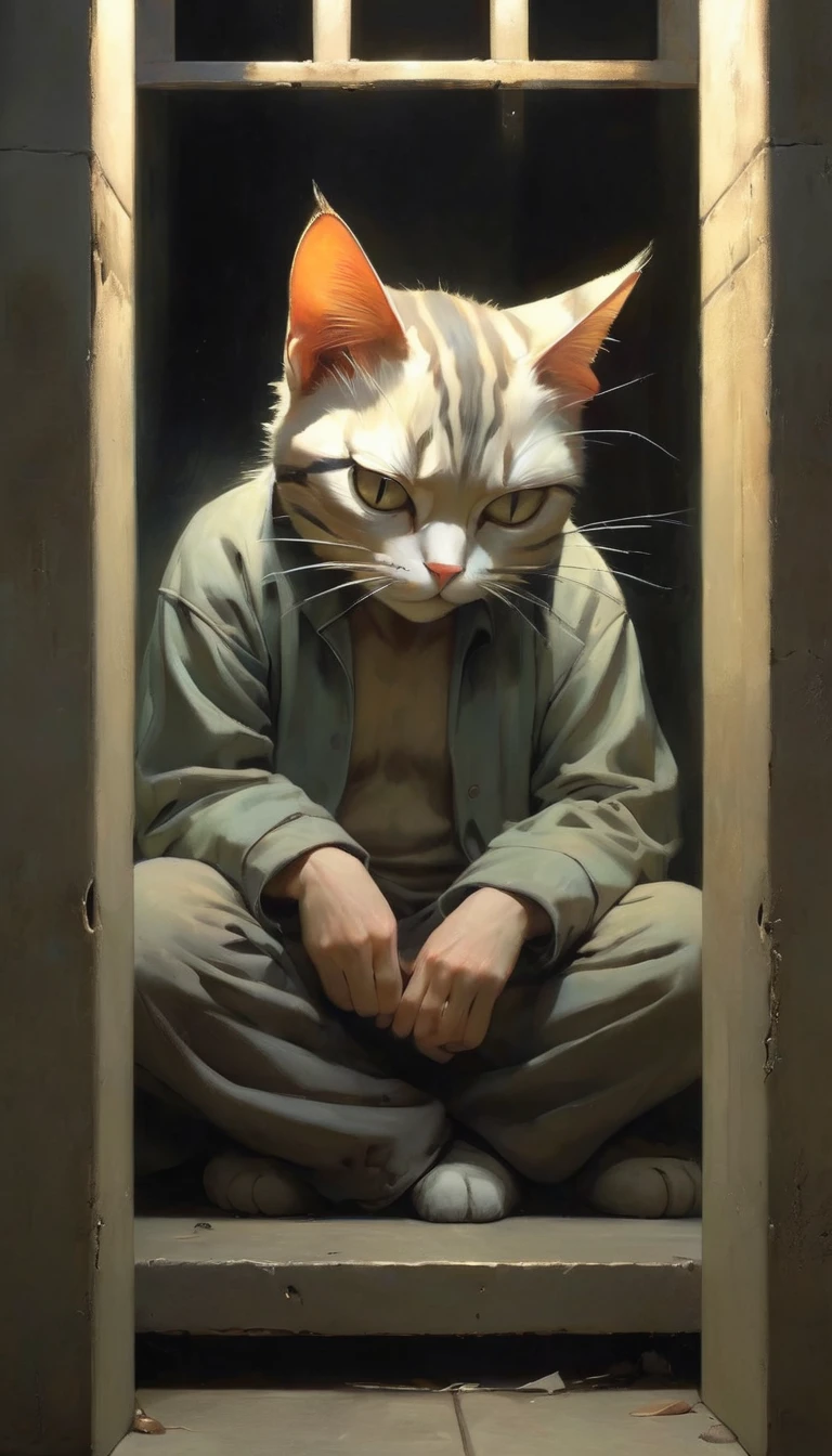 Son in Jail, Crying (Human with Cat Face)
Description: The scene portrays a somber moment with a human figure sporting a cat’s face. The figure, with feline features such as pointed ears, whiskers, and expressive cat-like eyes, is seated on the cold, concrete floor of a dimly lit jail cell. The cat-faced figure is huddled with their back against the cell bars, knees drawn up to their chest, and their face hidden behind their hands. Tears stream from their cat-like eyes, reflecting a deep sense of sorrow and regret. The harsh light filtering through a small barred window casts long shadows, emphasizing the isolation and emotional depth of the moment.
Environment: The jail cell is stark and unwelcoming, with gray walls and a narrow bed with a thin, worn mattress. A single, flickering overhead light provides minimal illumination, casting a cold, harsh glow. The cell is sparsely furnished, reinforcing the sense of desolation. The atmosphere is heavy with confinement and despair, highlighting the cat-faced figure's emotional turmoil. These prompts should help convey the emotional weight of the scene while incorporating the unique cat-faced element.