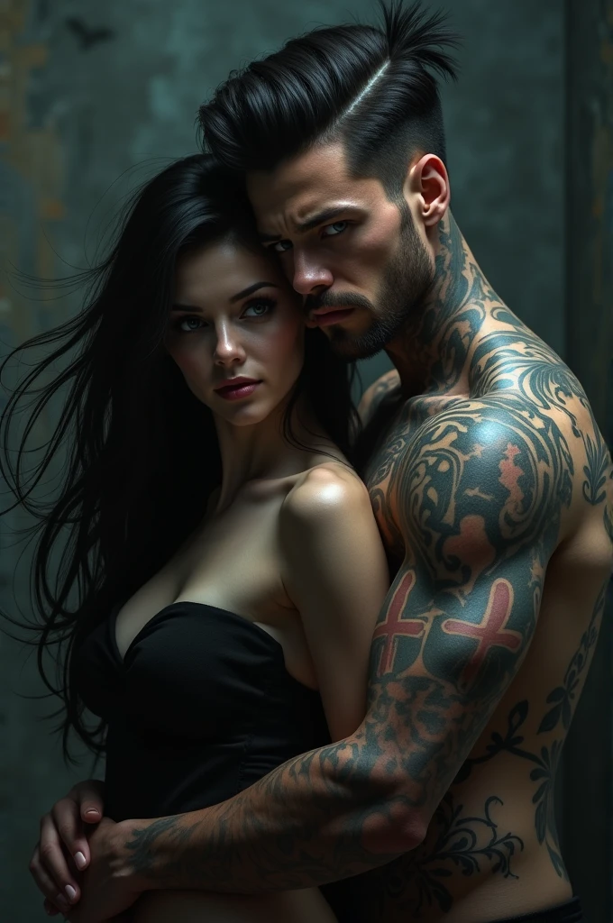 Black haired woman behind a very handsome black haired man with tattoos
