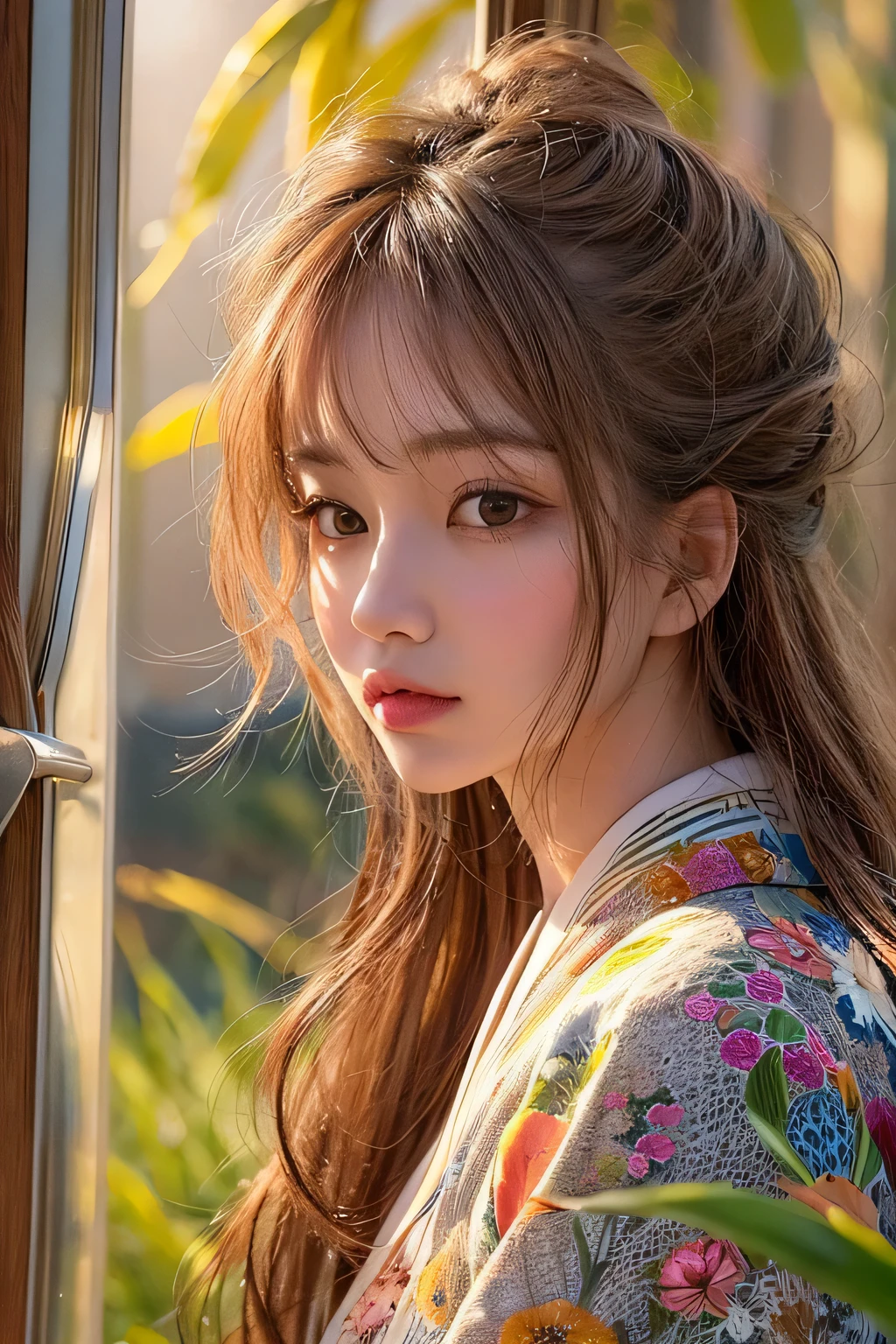 masterpiece, 1 Beautiful girl, (highest quality, 8k, 32K, masterpiece), (Realistic), (Realistic:1.2), (High resolution), (small breasts:1.3), (Crystal colorful lights), Extremely refined and beautiful, beautiful detailed eyes, Round eyes, detailed facial features, Shiny skin, (from side:1.3), (side view:1.3), (She's sitting by the window), (The season is autumn), (Wheat field can be seen from the window), (The wind ruffles her hair), (She's looking out the window), (wearing a kimono), long hair, brown hair, full body,