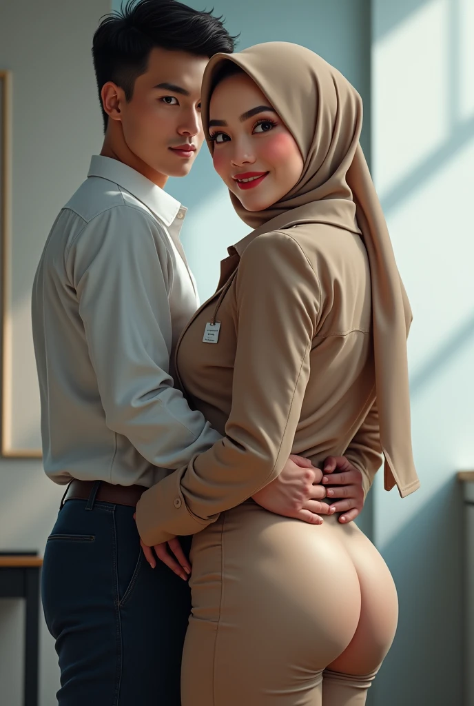 RAW, Best quality, high resolution, masterpiece: 1.3), beautiful Malay woman in hijab (iu:0.8),/(in a modern office/), 1lady solo, /(beige long pencil skirt jacket/) id card, blush on smile friendly, (best quality masterpiece: 1.2) very detailed, big breasts, big buttocks, from behind,(looking at the audience, looking back, facial details, double eyelids, smiling,the other is a young muscular man, ((his hand is on her ass groping it))), he's in shorts and a T-shirt, the man standing directly behind her smiling,