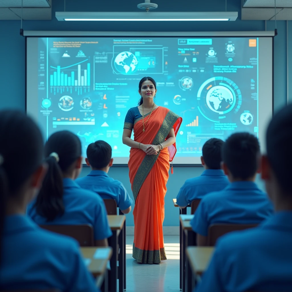 Can you create a 16:9 ratio poster for Teachers' Day with the theme of an ideal learning environment 
The classroom should be digital and teacher  should be in saree and students should be in sky blue uniforms in digital classrooms with unrealistic character  middle aged students 
 Student centred teaching 
