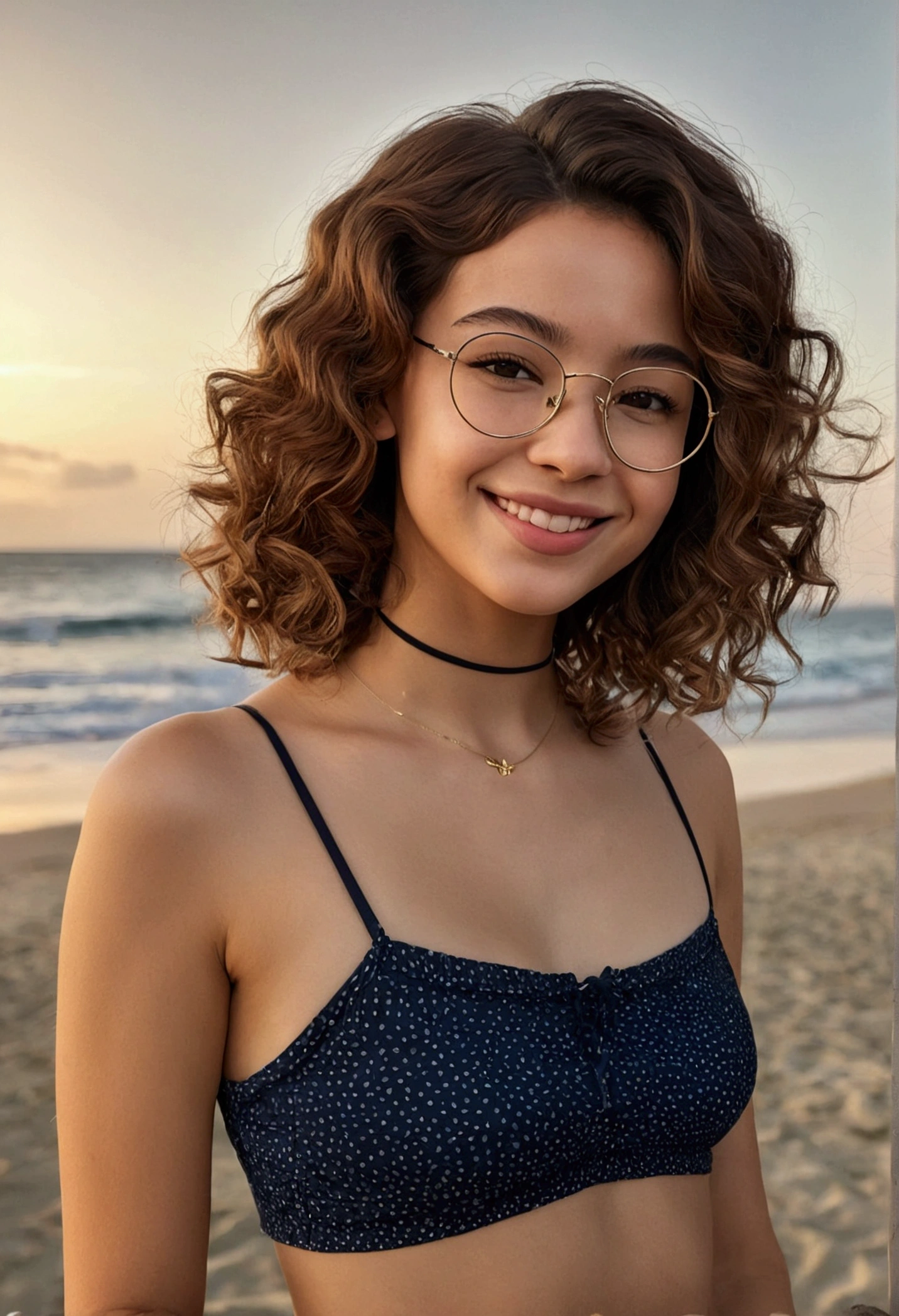 Can u make a realistic 1 girl with short brown medium curly hair touching shoulders  medium length face with brown eyes with a closed smile smile.wearing some eye glasses with gold metal and a round shape with a corner in each end . A little bit of acne and some rose lips, a hoop nose piercing and three piercing on each ear. Wearing a black strapless median length tight top and blue pj shorts she has a skinny body but no to skinny  
. Wearing some adidas samba. She’s standing up with a beach behind her 