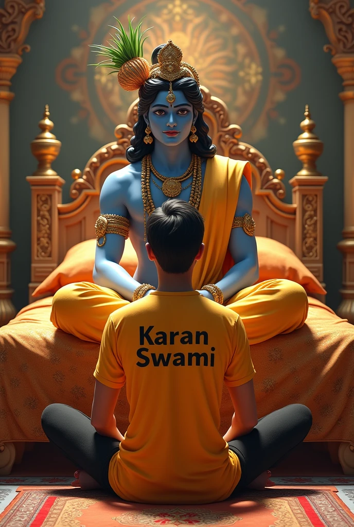 Make a realistic picture in which a 20 years 
boy is sitting at the feet of Shri Krishna and worshiping him and his shirt is yellow and Karan Swami is written on the t-shirt and Shri Krishna ji is sitting on a luxurious bed with palace walls on the side and beautiful background. yes
Feedback
