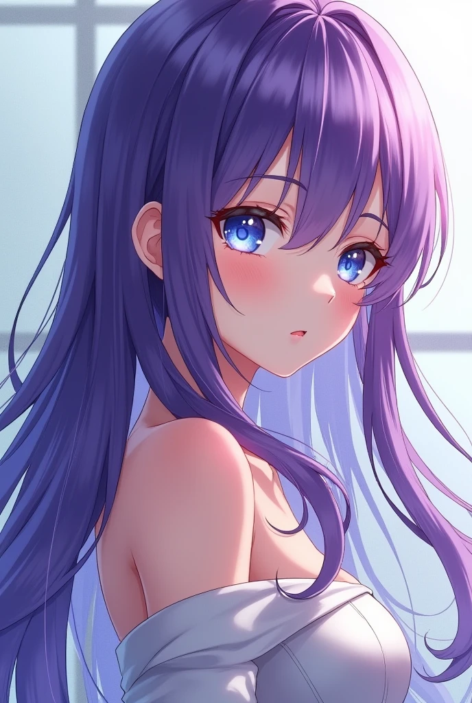 Long Hair、modern style、Off the shoulder、Anime Style、beautiful girl、Purple Hair、Blue eyes