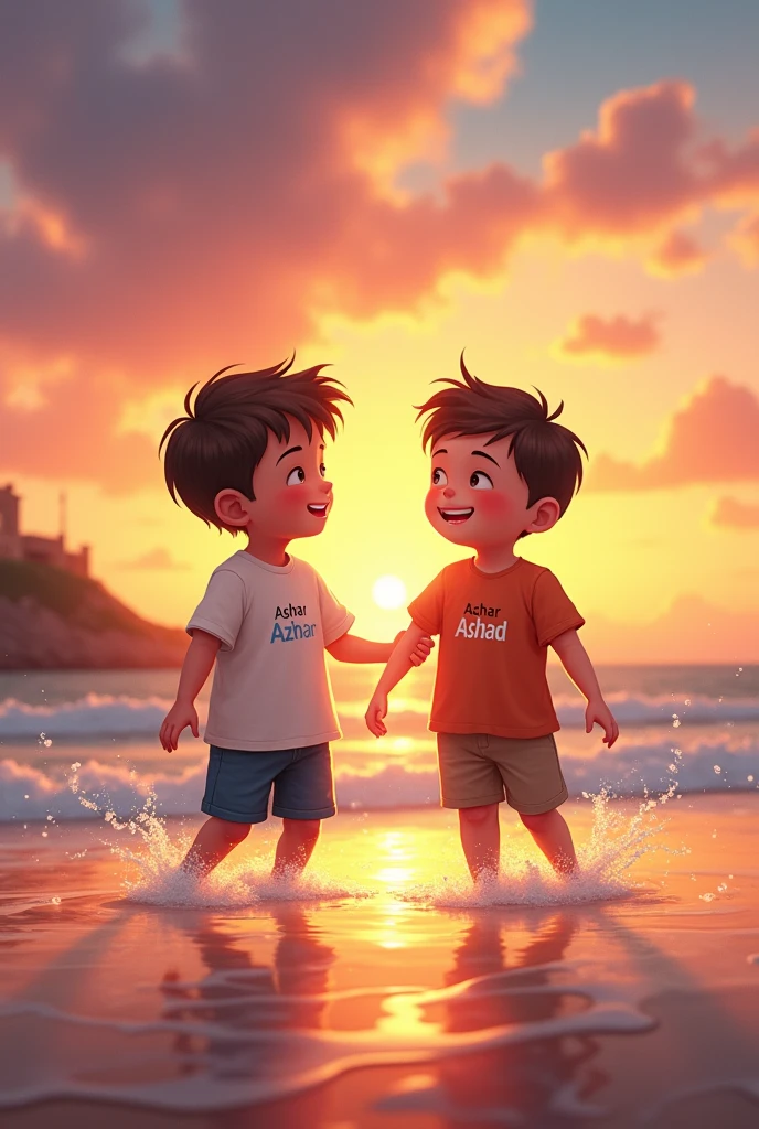 A 14 year boy with his elder brother of 10 year playin at the beautiful sun set seacoast write name Azhar and Ashad on their dress