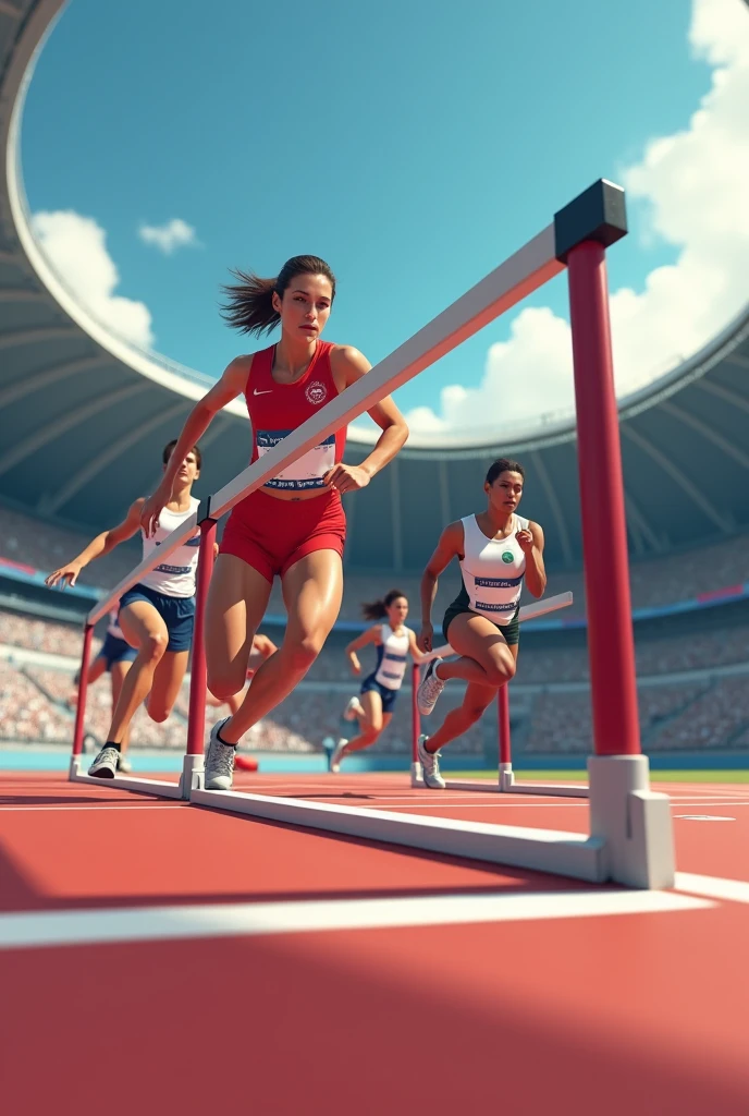 Male and female athletes of different nationalities in Olympic clothing facing a high hurdle