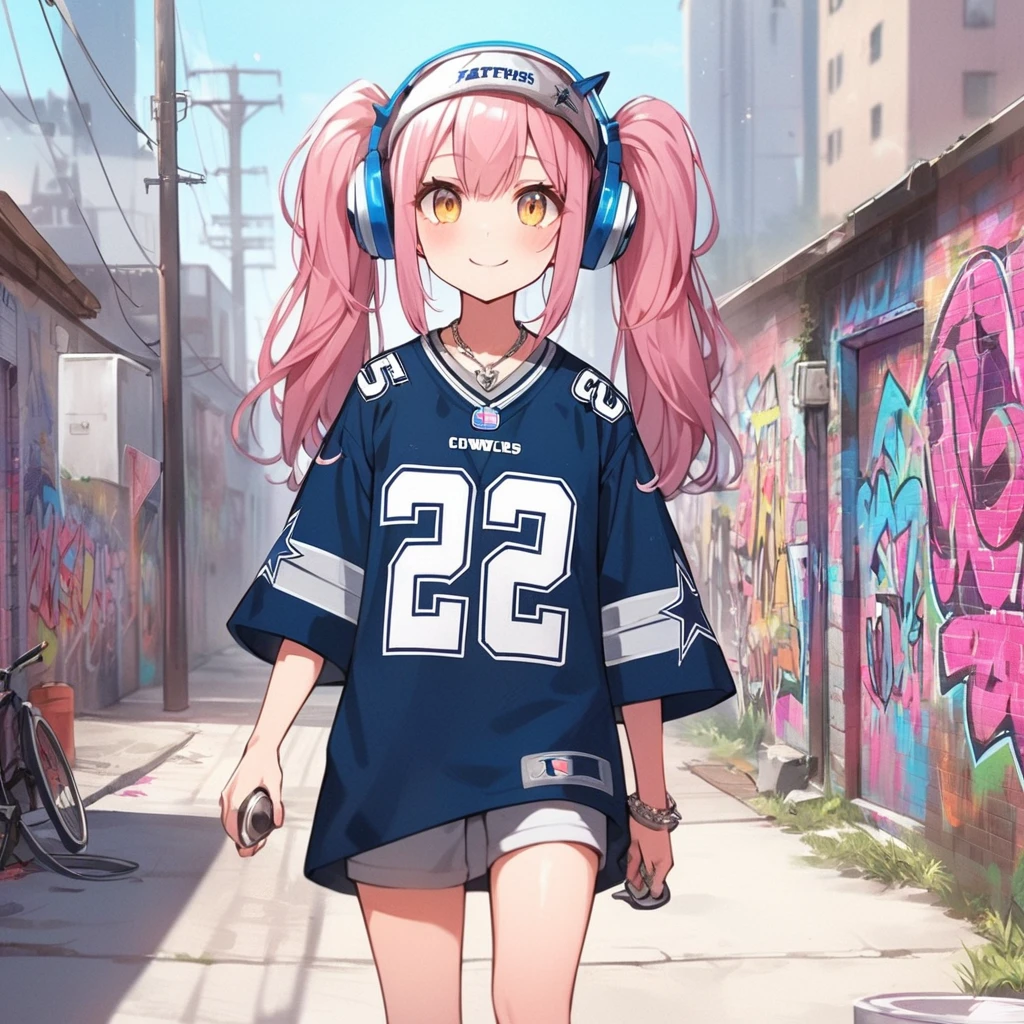 an anime image of a girl dressed a oversized NFL jersey , walking, hiphop fashion , 1girl, animal ears, solo, cat ears, smile, heart, yellow eyes, virtual youtuber, looking at viewer, headphones, grey hair , street, Dallas Cowboys , summer ,drawing on the back alley wall ,in many other graffiti art, going over, graffiti type ,straight letter,master piece,