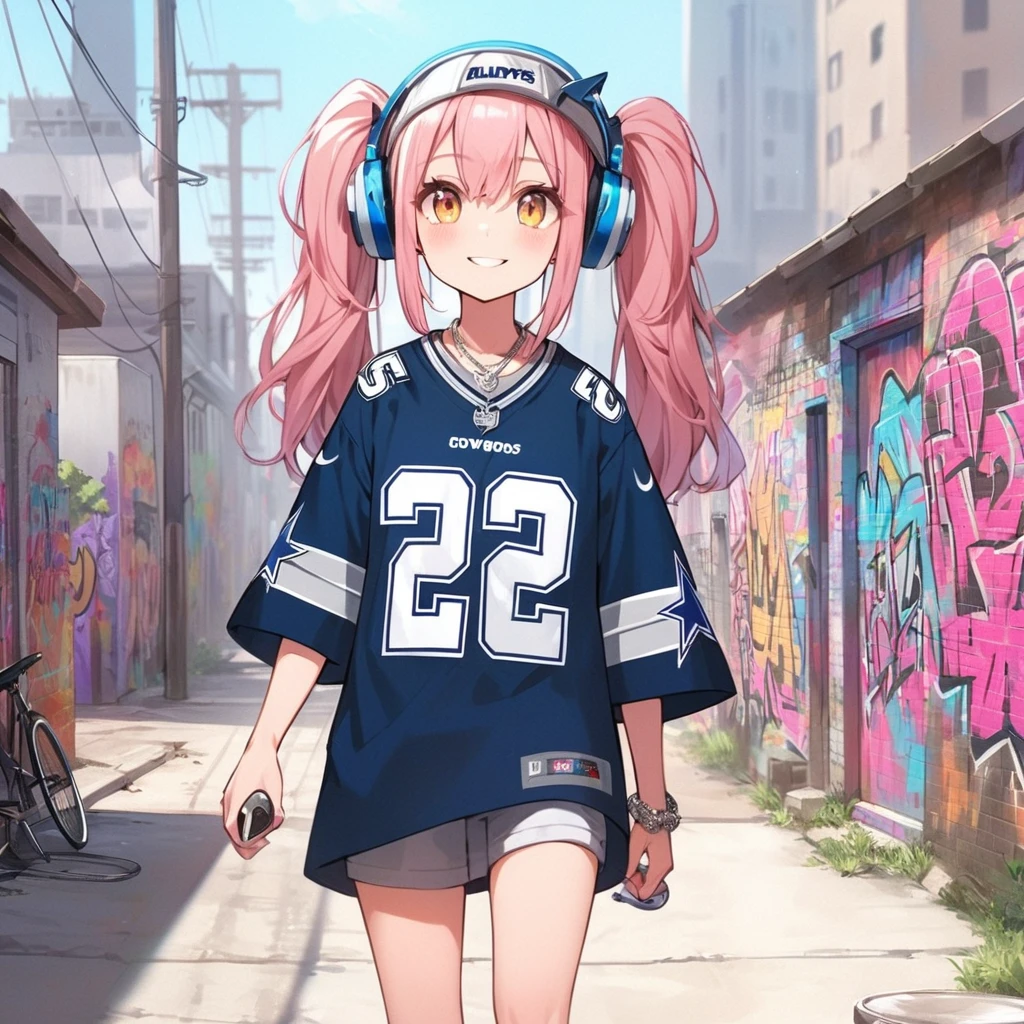 an anime image of a girl dressed a oversized NFL jersey , walking, hiphop fashion , 1girl, animal ears, solo, cat ears, smile, heart, yellow eyes, virtual youtuber, looking at viewer, headphones, grey hair , street, Dallas Cowboys , summer ,drawing on the back alley wall ,in many other graffiti art, going over, graffiti type ,straight letter,master piece,