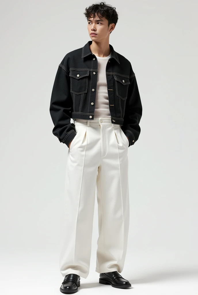 A man wearing a black long sleeve crop top denim polo with open botton with a white fitted seethrough top inside and a white high waist baggy pants up until the shoe and a black loafer shoes