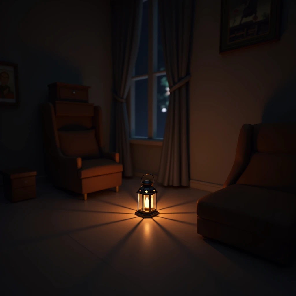 A small lantern lies on the floor of the room, the light of which casts a slight shadow inside the room.