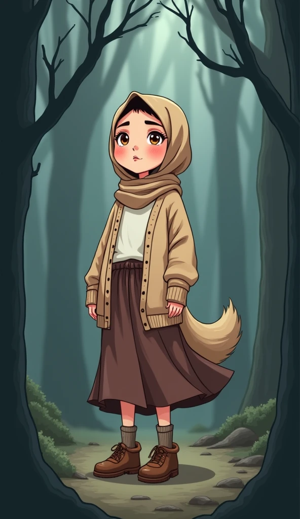 Cartoon with text:
(Masterpiece, best quality, 4k, expressive eyes, perfect face), cute and adorable girl, little cartoon girl, (beautiful face, detailed eyes), wearing beige hijab, ((getting her clothes torn up by a big wolf, holes in clothes, torn up clothes)), (flat style,, hand drawn style, 2d style, Cartoon artstyle, toon style), (oversized beige cardigan, white shirt, brown skirt, brown socks, sketcher shoes, ((big , big hips, thick thighs)), ((embarrassed, blush, wind blowing up her skirt, upskirt blowing upwards, pulling down her skirt)), (full body view, standing, Side view), ((inside a dark forest, scared)), ((perfect body anatomy, perfect legs, perfect posture)),